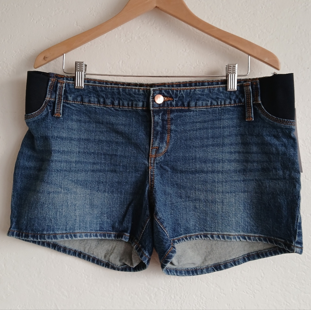 Denim Women's Maternity Midi  Shorts Side Panels Dark Wash Pockets Size 10